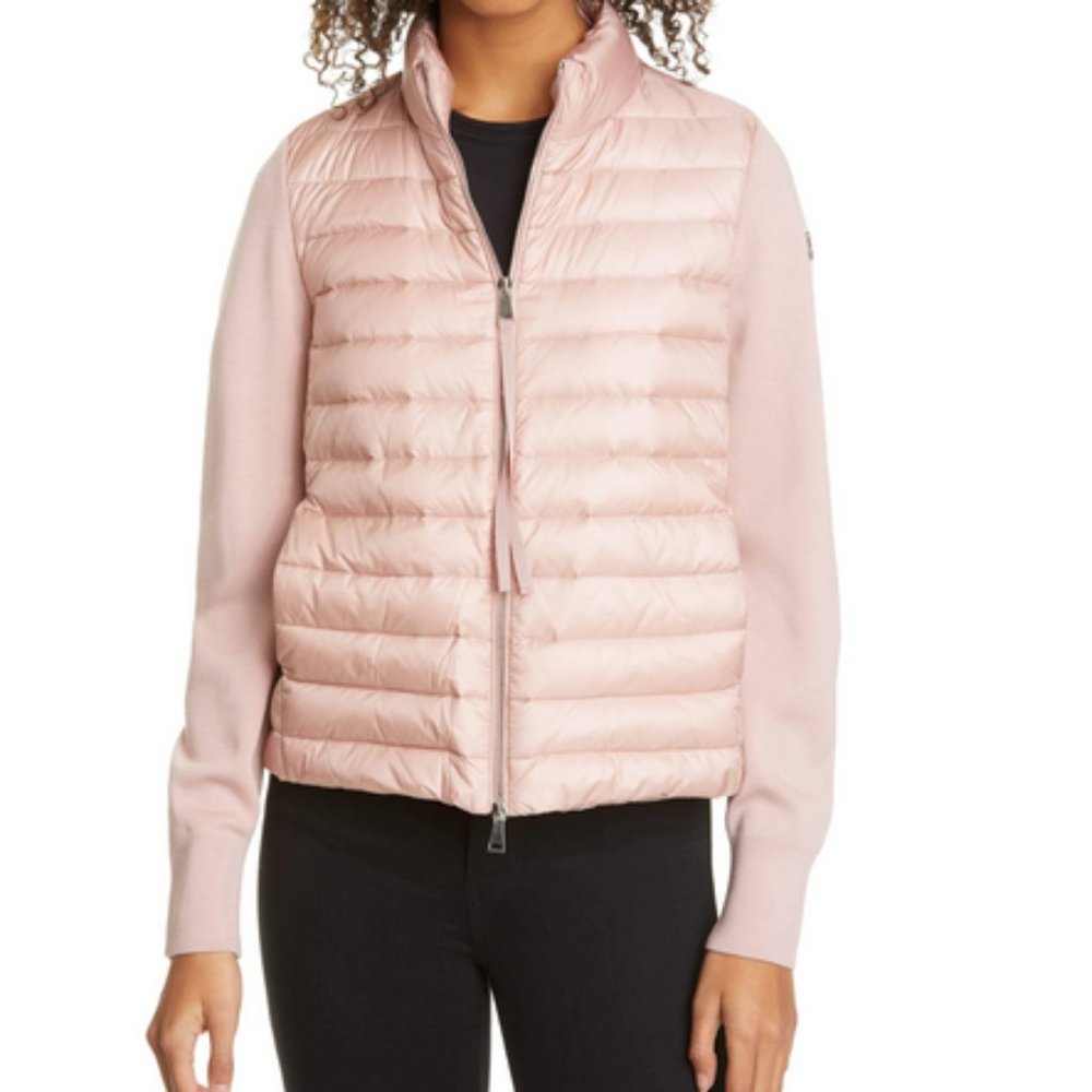 Moncler Goose Down Tricot Cardigan in Dusty Pink/Rose  Size M